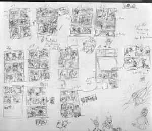 Scribbly thumbnails with the occasional McTuffin or wrestling cat doodle scattered about.